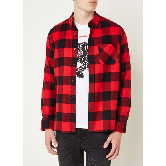 HUGO BOSS Shirt Mens Large Red Buffalo Plaid Flannel Red Label ERMANN $148 - Picture 1 of 9